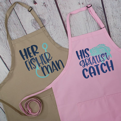 His Hers Greatest Catch Couples Apron Set