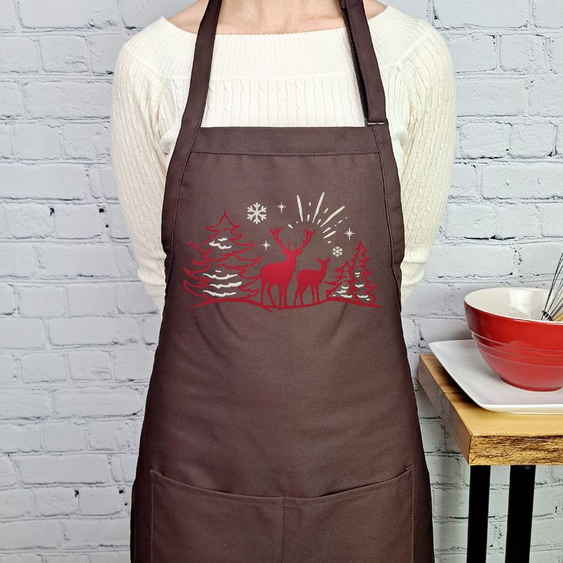 Deer apron winter wildlife scene with pockets adjustable neck embroidered cabin kitchen accessory classic rustic decor