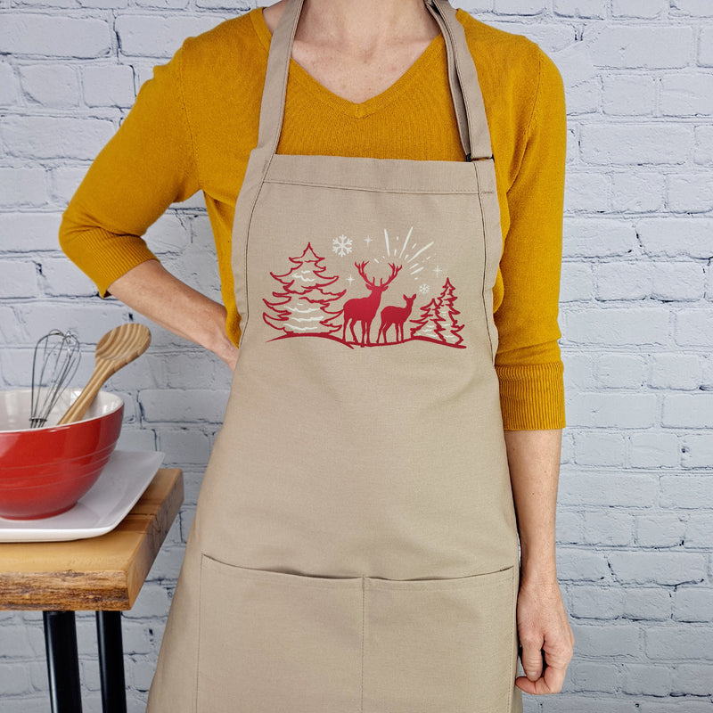 Deer apron winter wildlife scene with pockets adjustable neck embroidered cabin kitchen accessory classic rustic decor