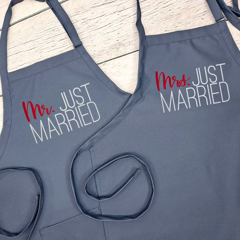 Mr and Mrs Couples Apron matching set newly weds with pockets adjustable neck embroidered great vow renewal anniversary