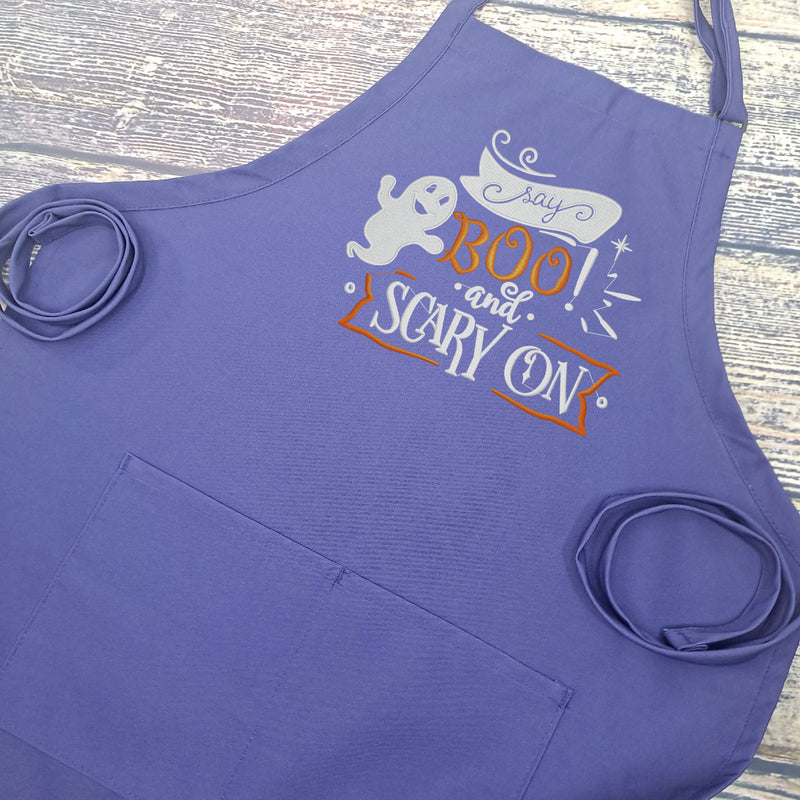 Halloween Apron say Boo and scary on embroidered with pockets and adjustable neck black and grey