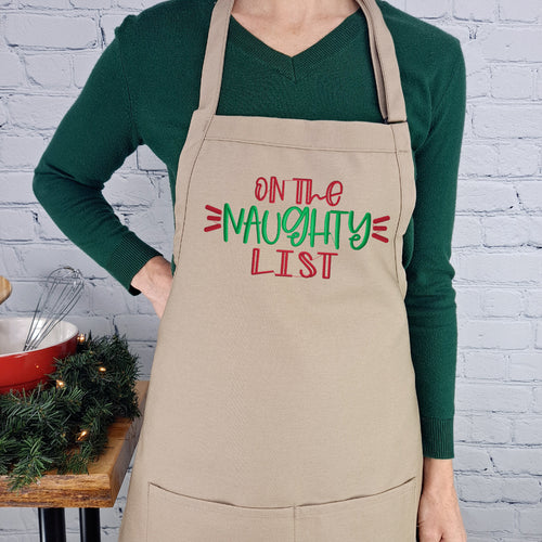 Christmas Apron Santas naughty list festive embroidered kitchen baking accessory fun couples gift