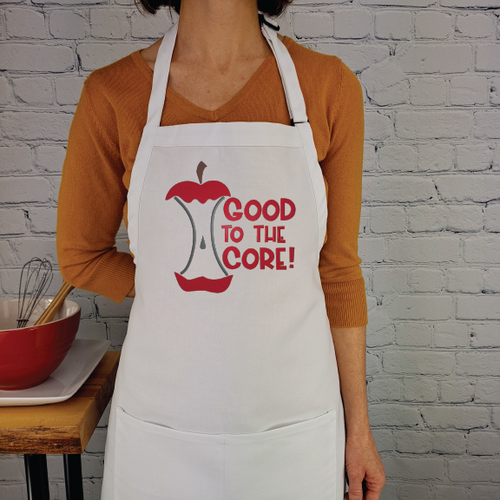 Good to the core apron, apple-themed embroidered kitchen apron, fun cooking gift with pockets