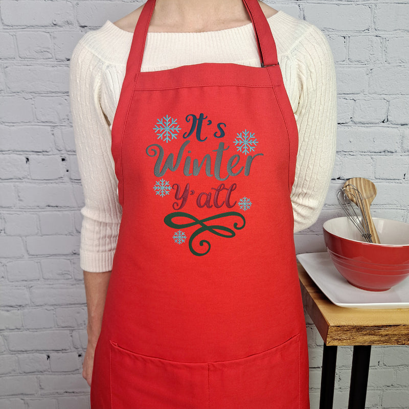 winter kitchen apron with festive lettering cozy gift for cooks holiday baking apron farmhouse style winter yall apron