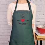 Be Mine Valentine apron, pink embroidered kitchen apron with pockets, heart and arrow design, Valentine’s Day gift for her or him