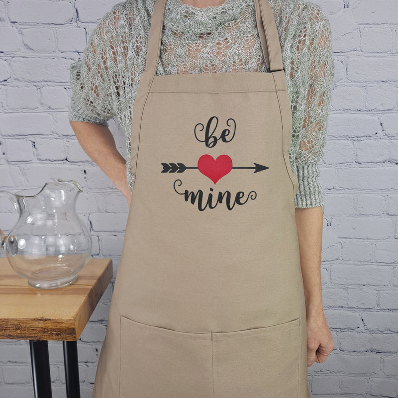 Be Mine Valentine apron, pink embroidered kitchen apron with pockets, heart and arrow design, Valentine’s Day gift for her or him