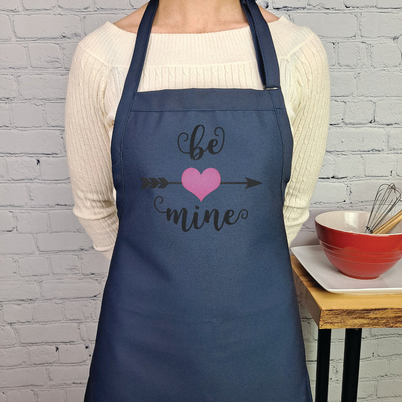 Be Mine Valentine apron, pink embroidered kitchen apron with pockets, heart and arrow design, Valentine’s Day gift for her or him