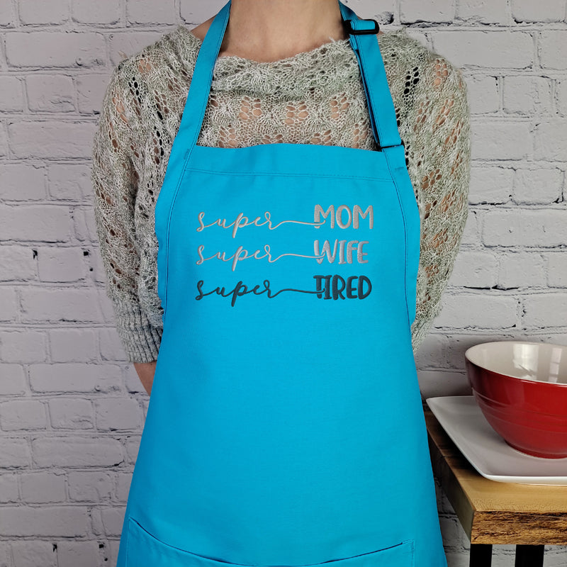 Super mom wife tired apron, embroidered kitchen apron with pockets, teal cooking apron gift for busy moms, Mother’s Day or birthday present