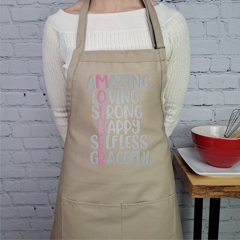 Amazing, loving, strong, happy, selfless, graceful, mother definition apron perfect kitchen gift for mothers and her.