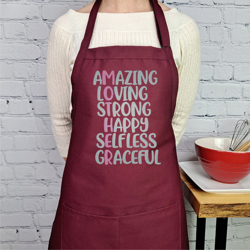 Amazing, loving, strong, happy, selfless, graceful, mother definition apron perfect kitchen gift for mothers and her.