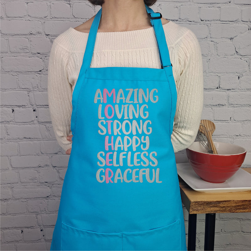 Amazing, loving, strong, happy, selfless, graceful, mother definition apron perfect kitchen gift for mothers and her.