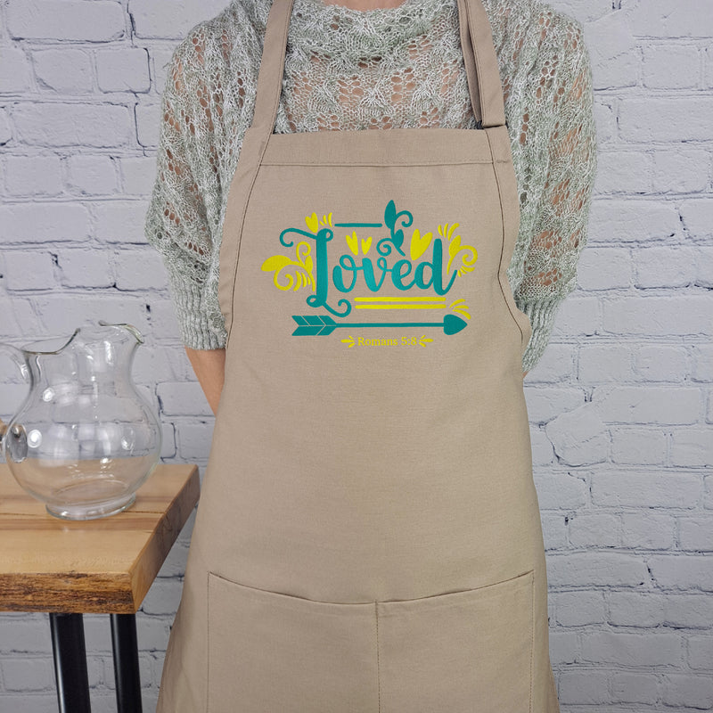 Loved Apron bible verse Romans 5:8 embroidered cute gift for her with pockets