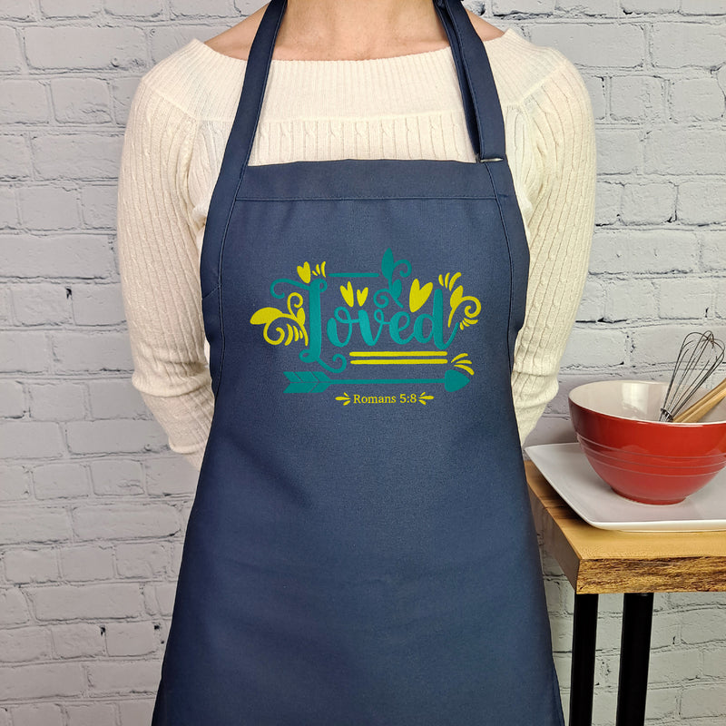 Loved Apron bible verse Romans 5:8 embroidered cute gift for her with pockets