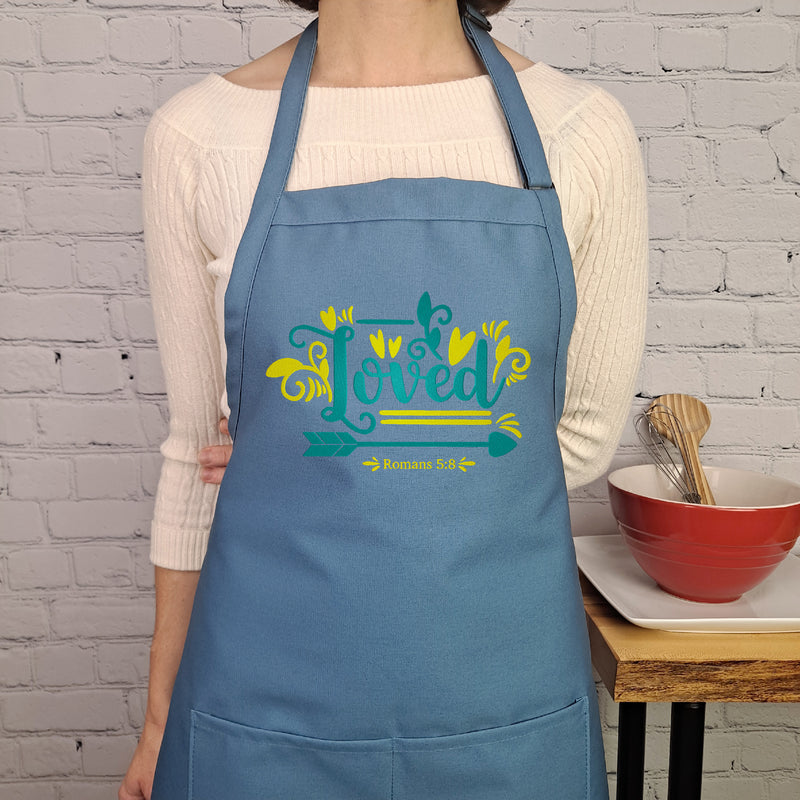 Loved Apron bible verse Romans 5:8 embroidered cute gift for her with pockets