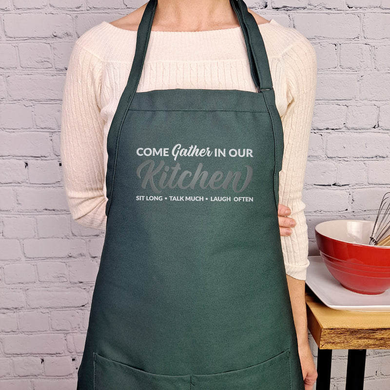 Farmhouse apron gather in our kitchen kitchen accessory embroidered baking apron with pockets adjustable neck house warming hostess gift