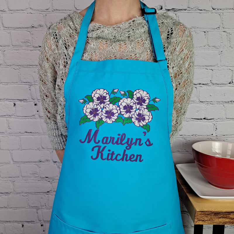 Customizable pansy embroidered apron Personalize name kitchen apron great gift for her