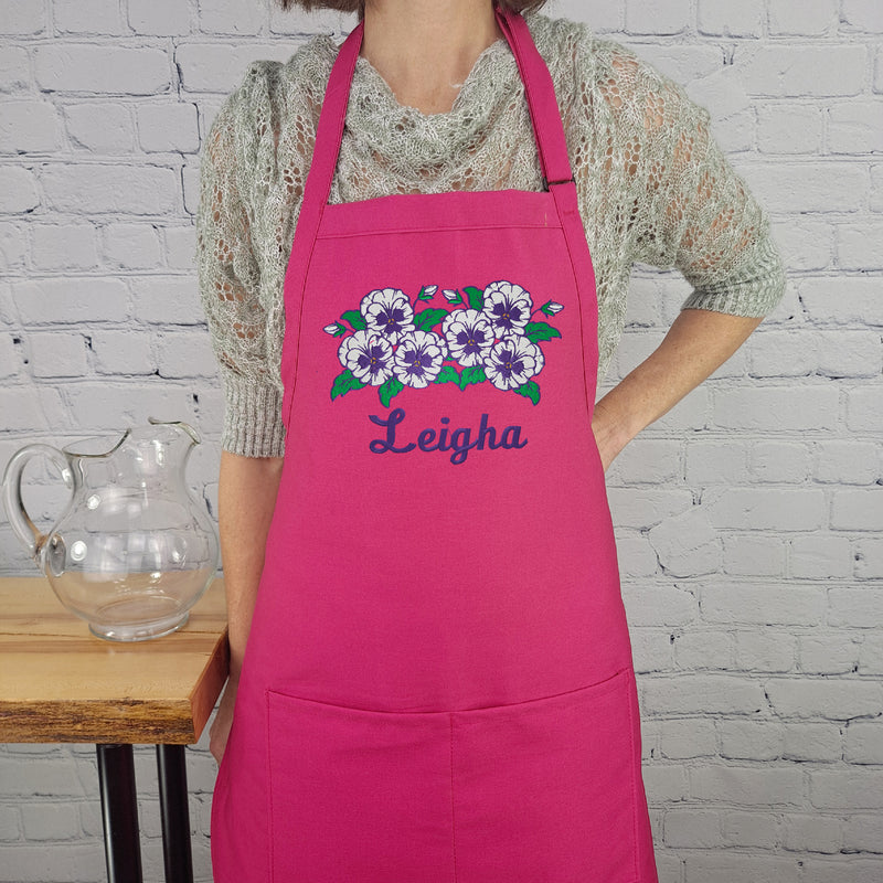 Customizable pansy embroidered apron Personalize name kitchen apron great gift for her