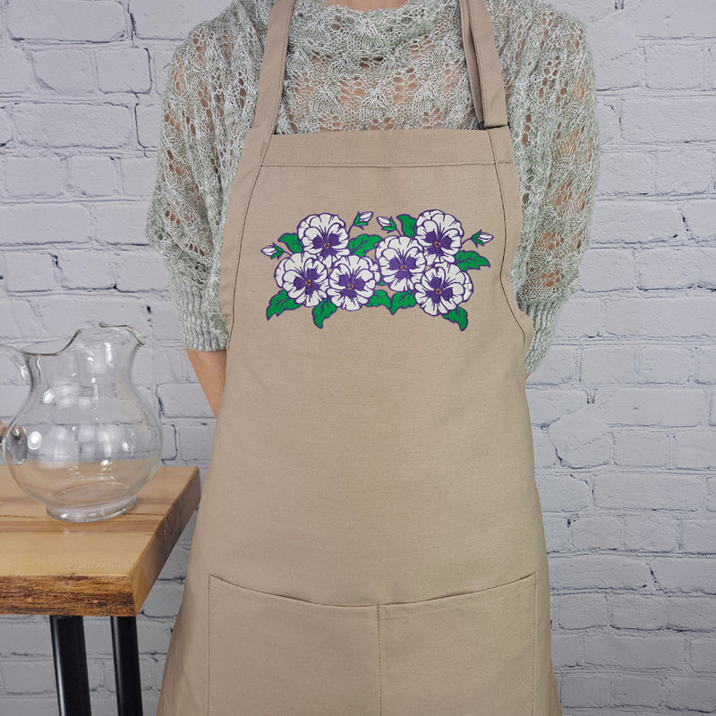 Customizable pansy embroidered apron Personalize name kitchen apron great gift for her