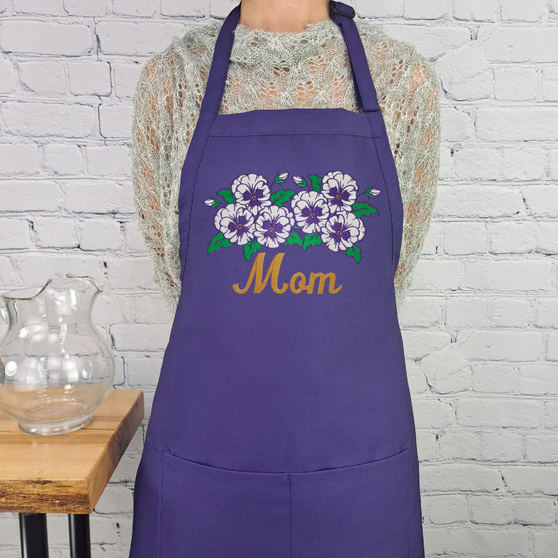 Customizable pansy embroidered apron Personalize name kitchen apron great gift for her