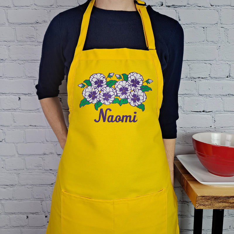 Customizable pansy embroidered apron Personalize name kitchen apron great gift for her