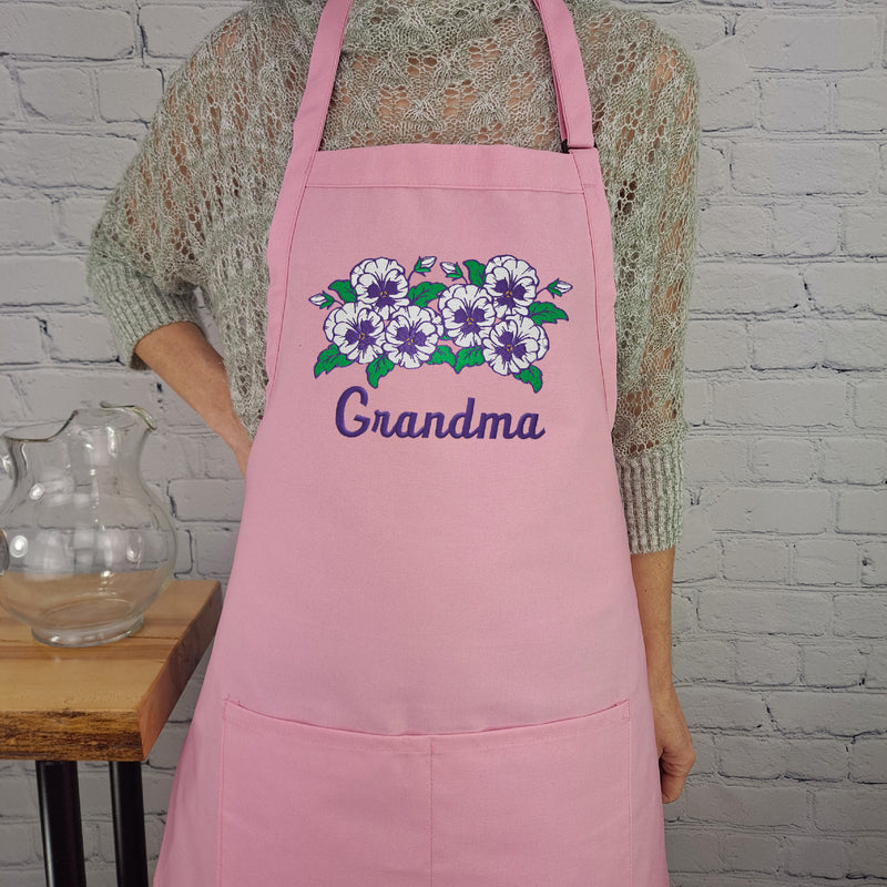 Customizable pansy embroidered apron Personalize name kitchen apron great gift for her