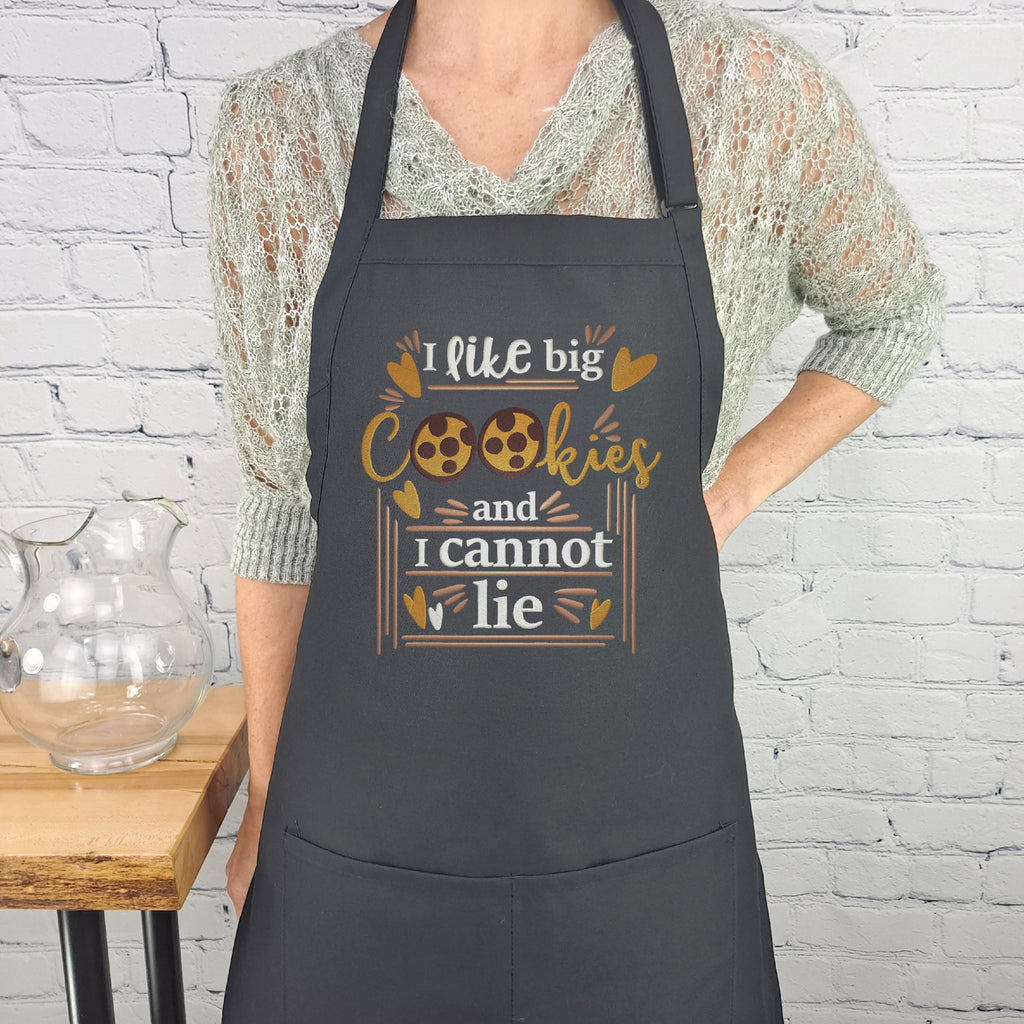 Funny apron I like big cookies and I cannot lie food parody kitchen cooking baking humor embroidered adjustable neck with pockets dad jokes