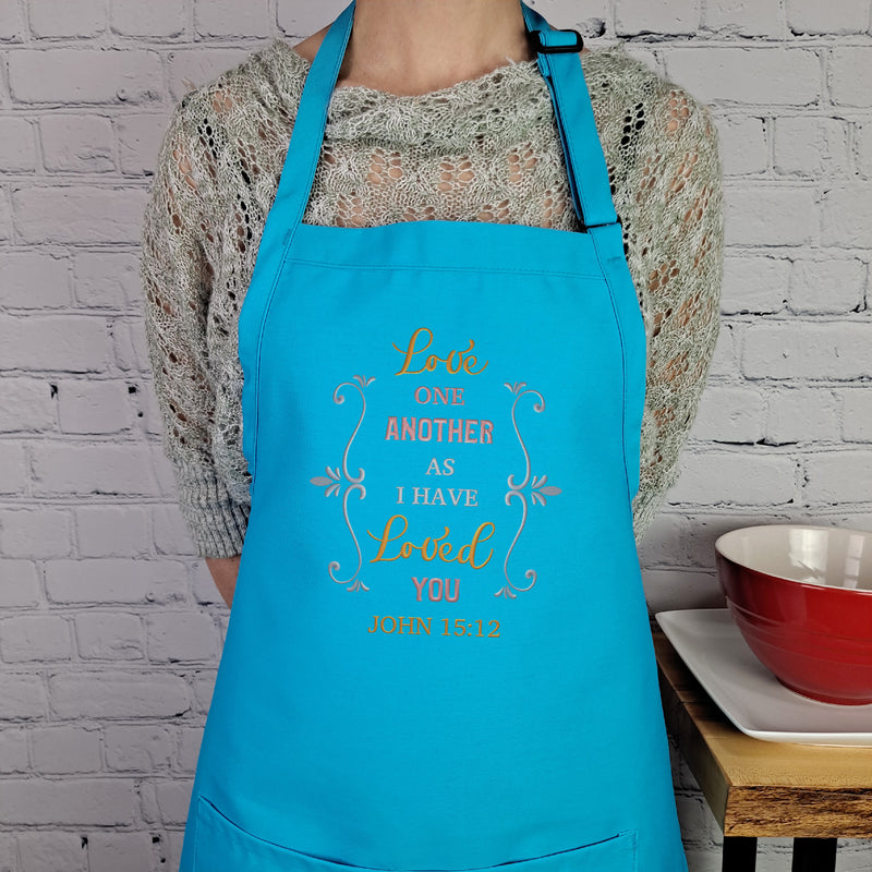 Love one another Apron Bible verse John 15:12 embroidered kitchen accessory cute gift for her with pockets