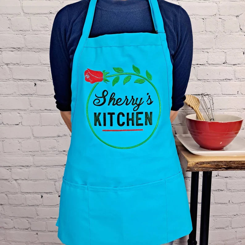 Personalized embroidered apron rose flower customizable name Chef kitchen apron with pockets perfect valentines gift