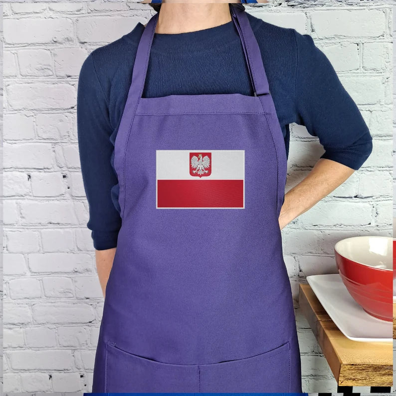 Polish flag apron with crowned eagle embroidered kitchen accessory with pockets adjustable neck