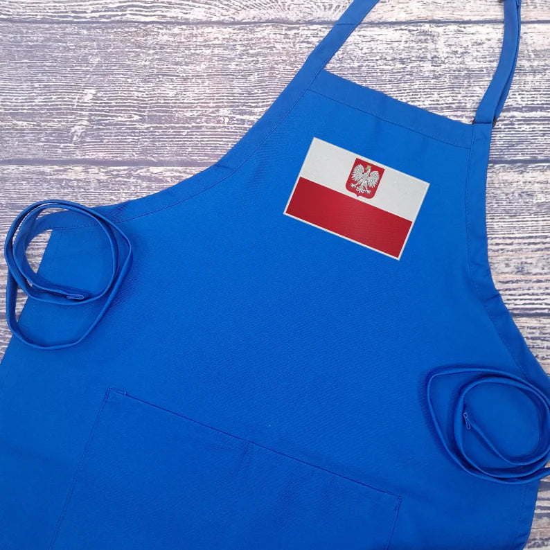 Polish flag apron with crowned eagle embroidered kitchen accessory with pockets adjustable neck