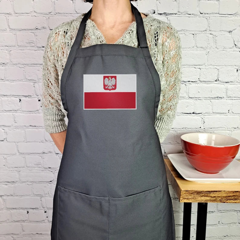 Polish flag apron with crowned eagle embroidered kitchen accessory with pockets adjustable neck