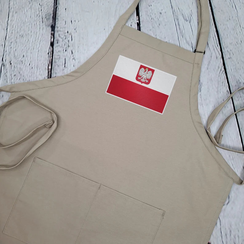 Polish flag apron with crowned eagle embroidered kitchen accessory with pockets adjustable neck