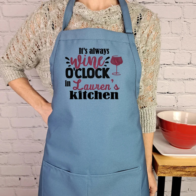 Wine apron Wine O clock customizable apron embroidered wine cooking kitchen apron