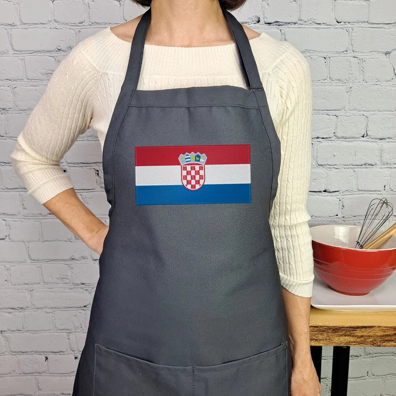 Croatia flag apron with coat of arms  embroidered kitchen accessory with pockets adjustable neck