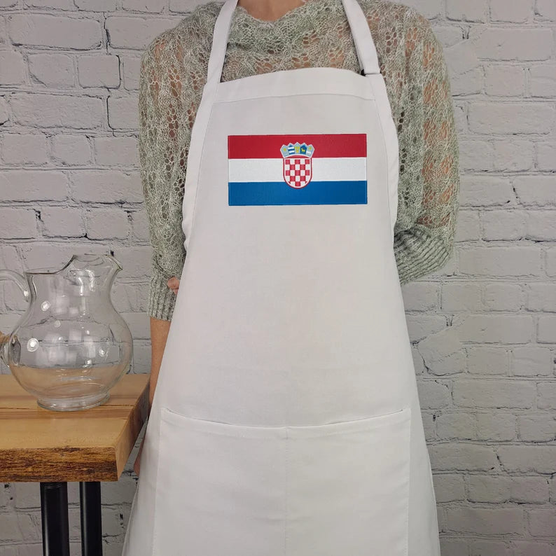 Croatia flag apron with coat of arms  embroidered kitchen accessory with pockets adjustable neck