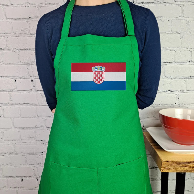 Croatia flag apron with coat of arms  embroidered kitchen accessory with pockets adjustable neck