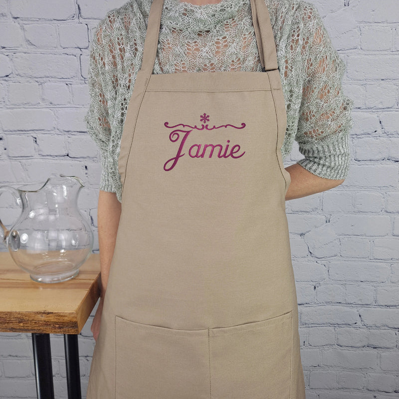 Customizable Snowflake embroidered apron Personalize name winter kitchen apron Great gift for her