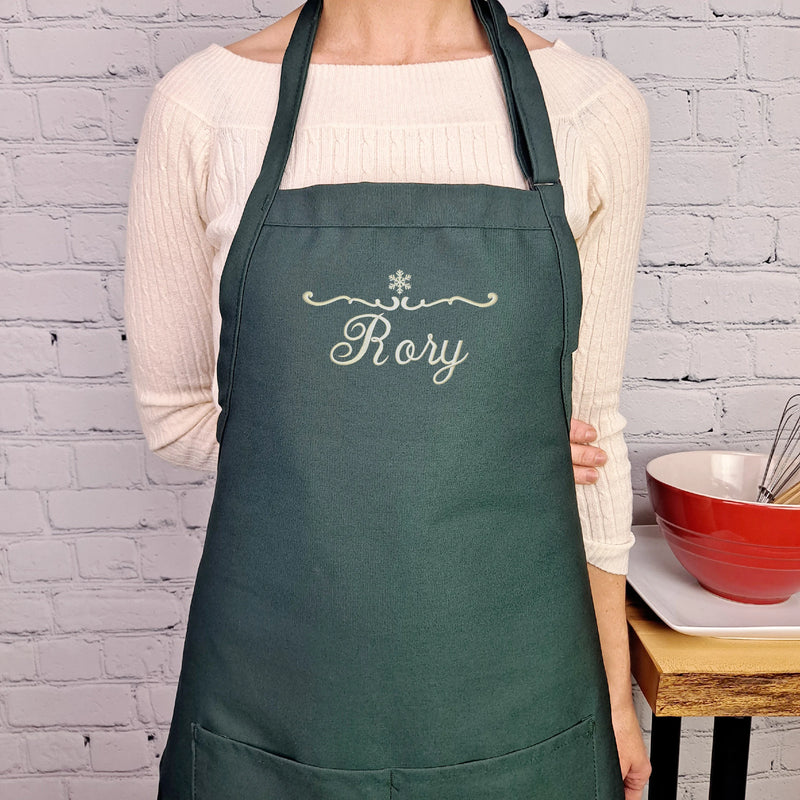 Customizable Snowflake embroidered apron Personalize name winter kitchen apron Great gift for her