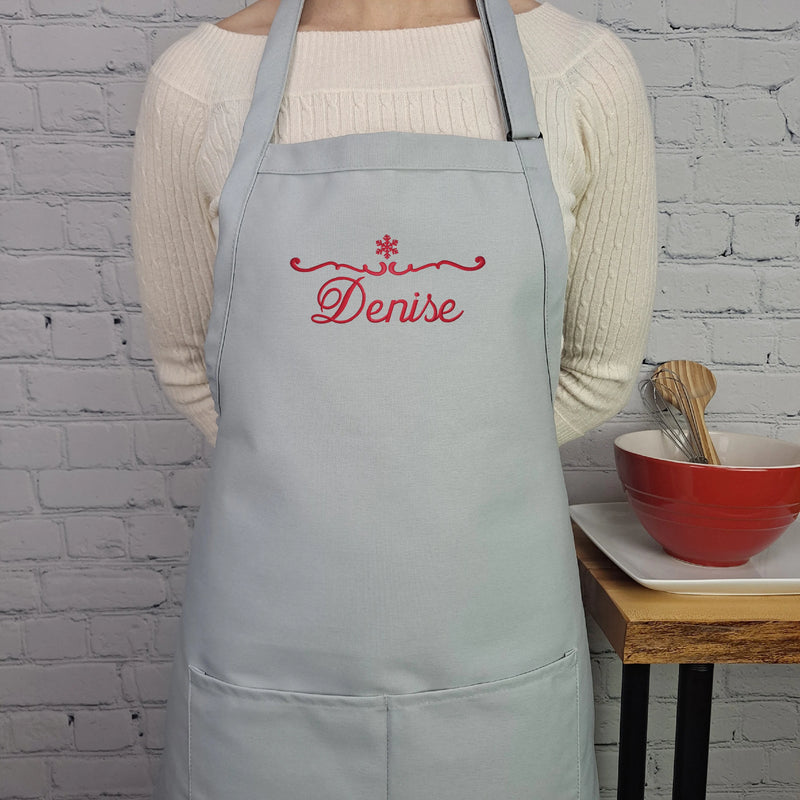 Customizable Snowflake embroidered apron Personalize name winter kitchen apron Great gift for her