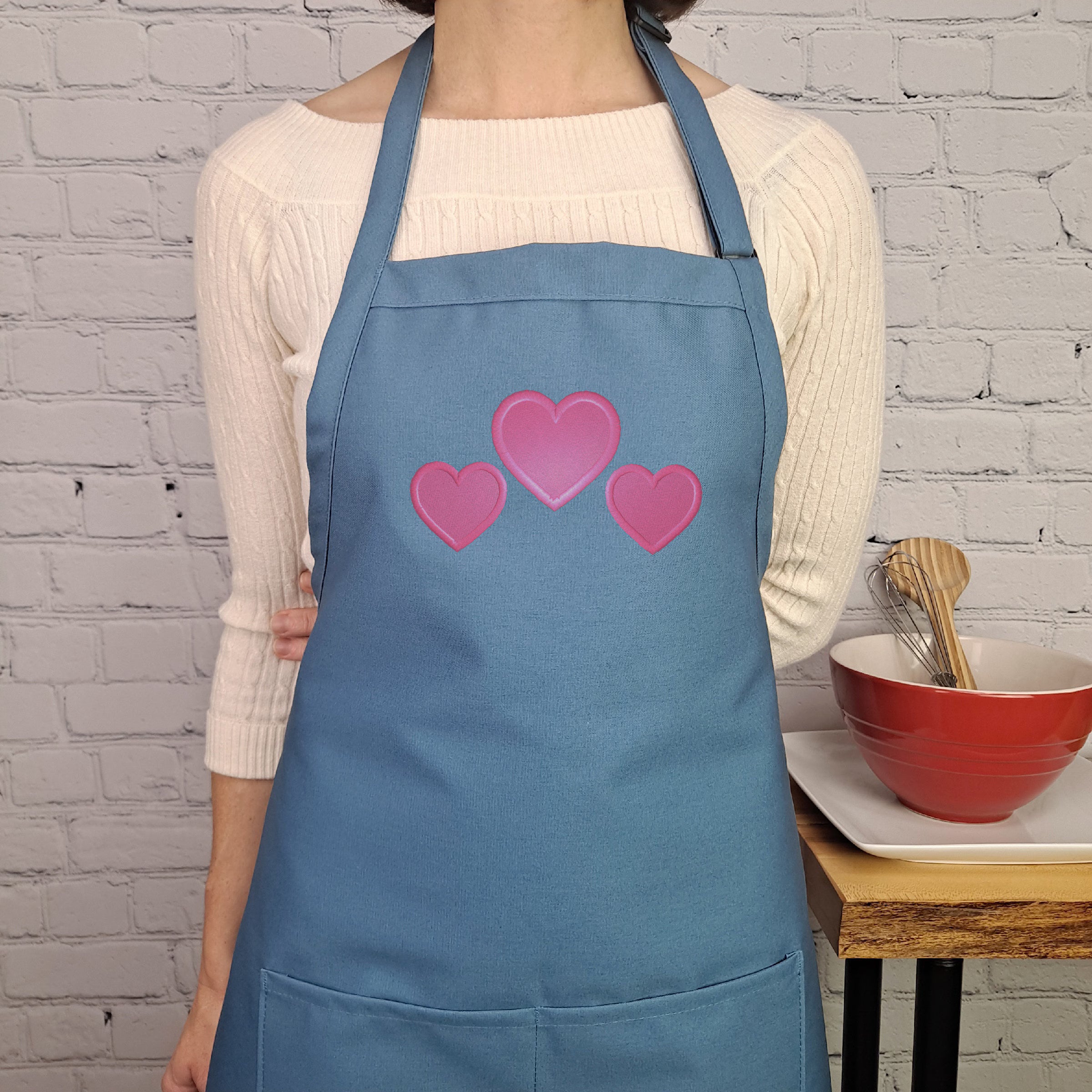 Embroidered Hearts Apron with Pockets, Valentine's Gift for Her