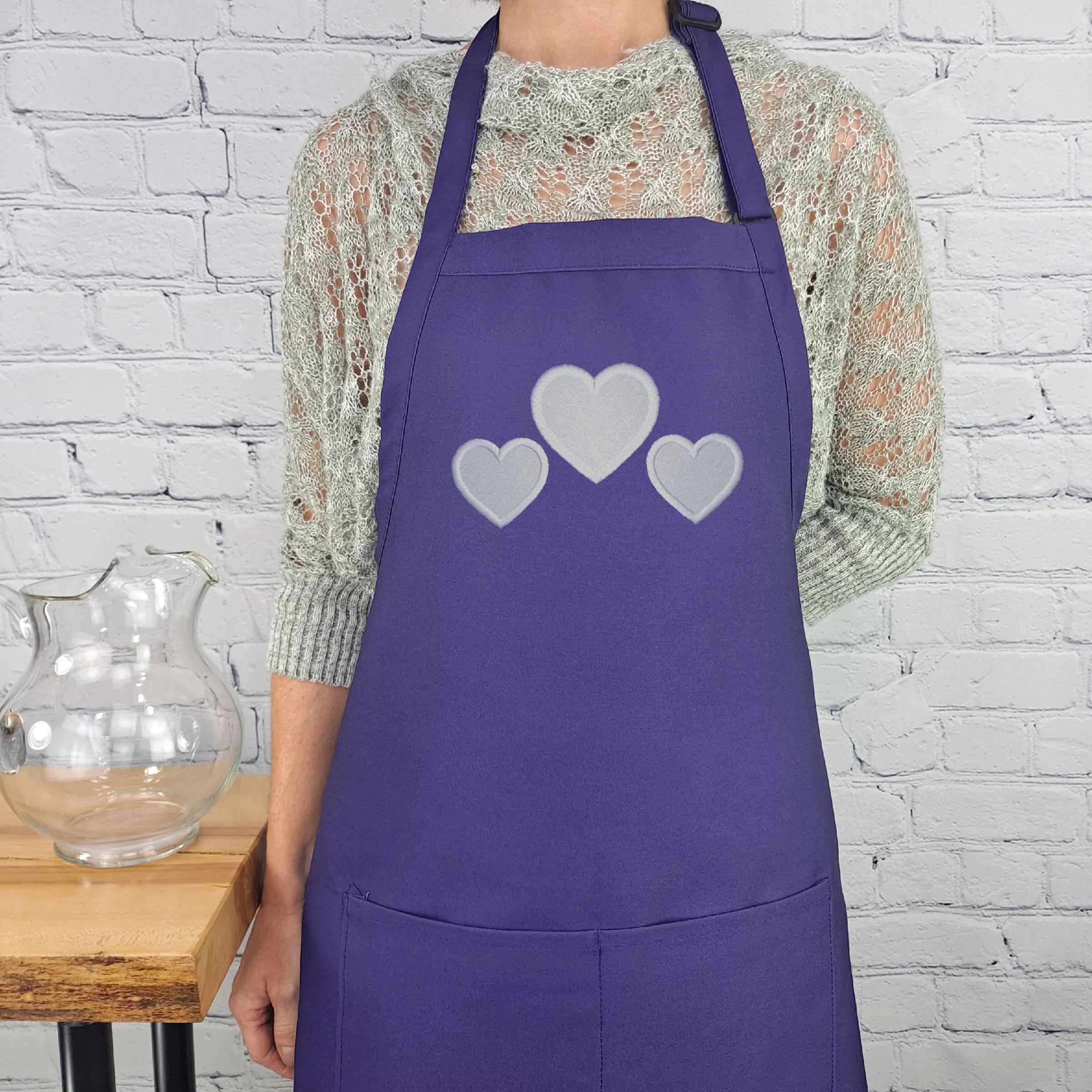 Embroidered Hearts Apron with Pockets, Valentine's Gift for Her