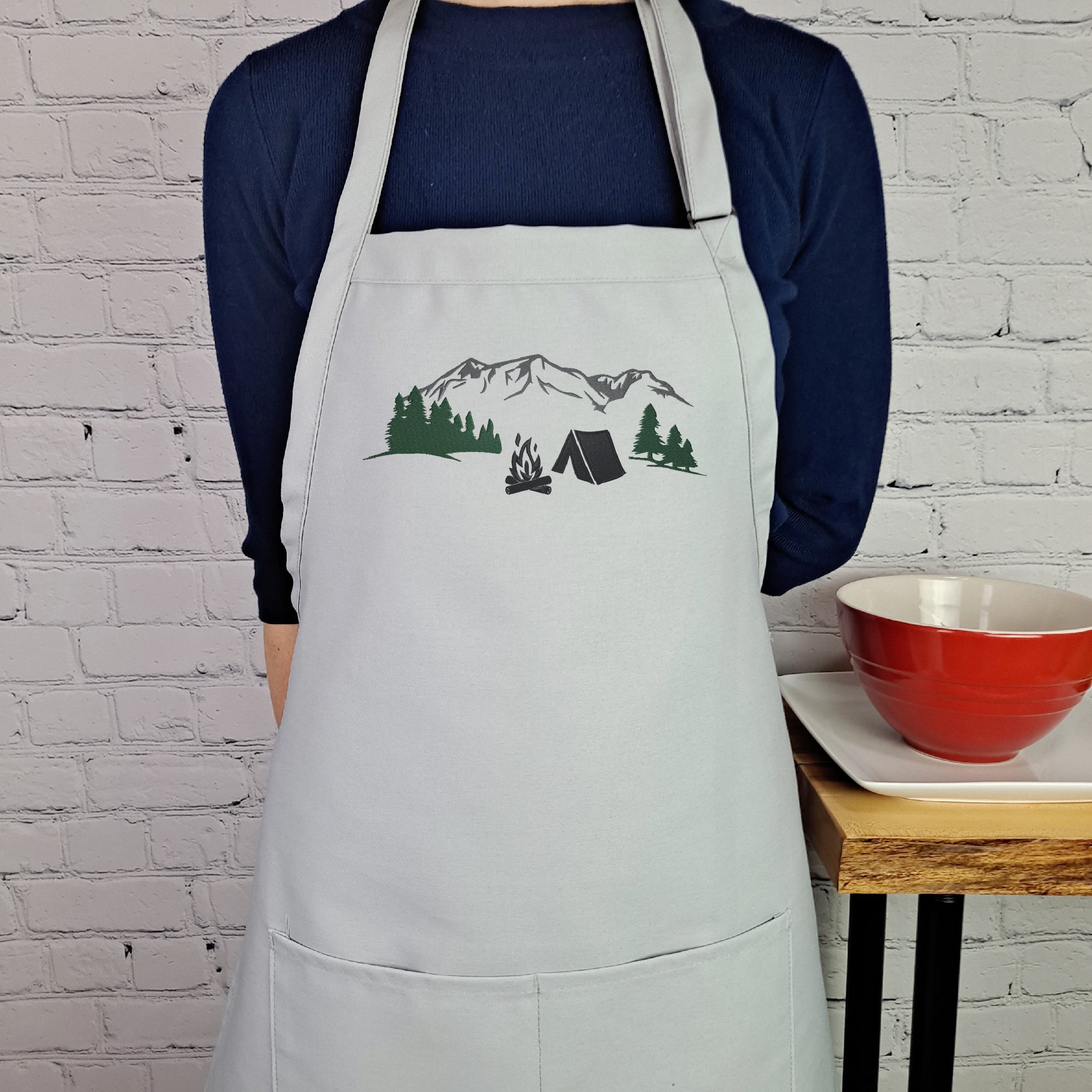 Embroidered Camping Apron: Mountain Tent Campfire Design