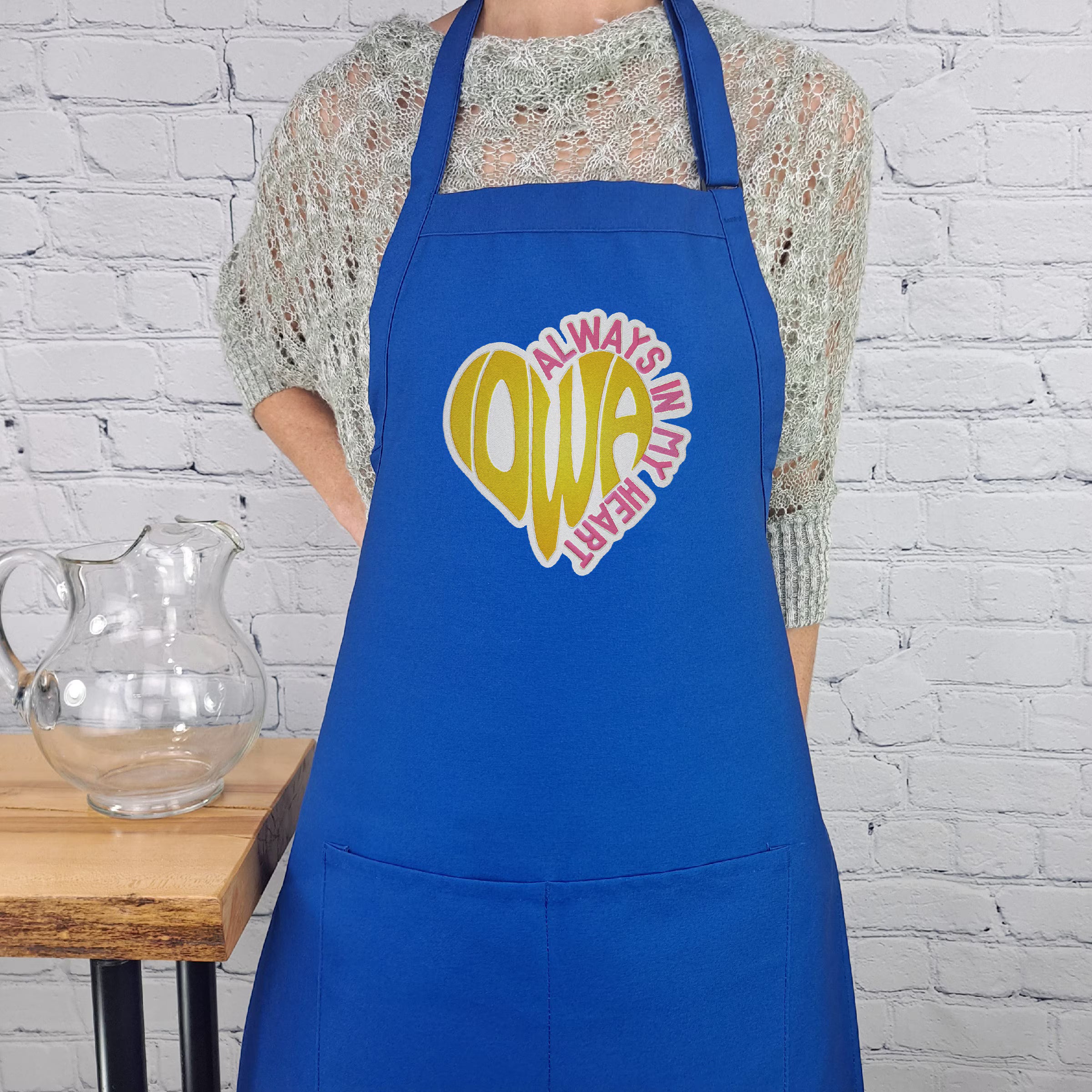 Embroidered Iowa Apron: USA Made Kitchen Accessory with Pockets
