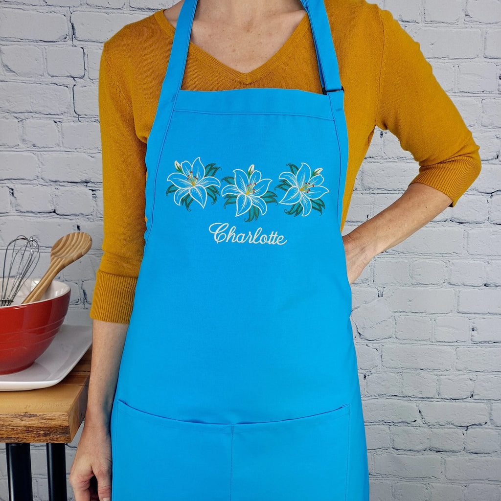 Customizable apron lily embroidered Personalize name kitchen accessory with pockets Easter spring great gift for her