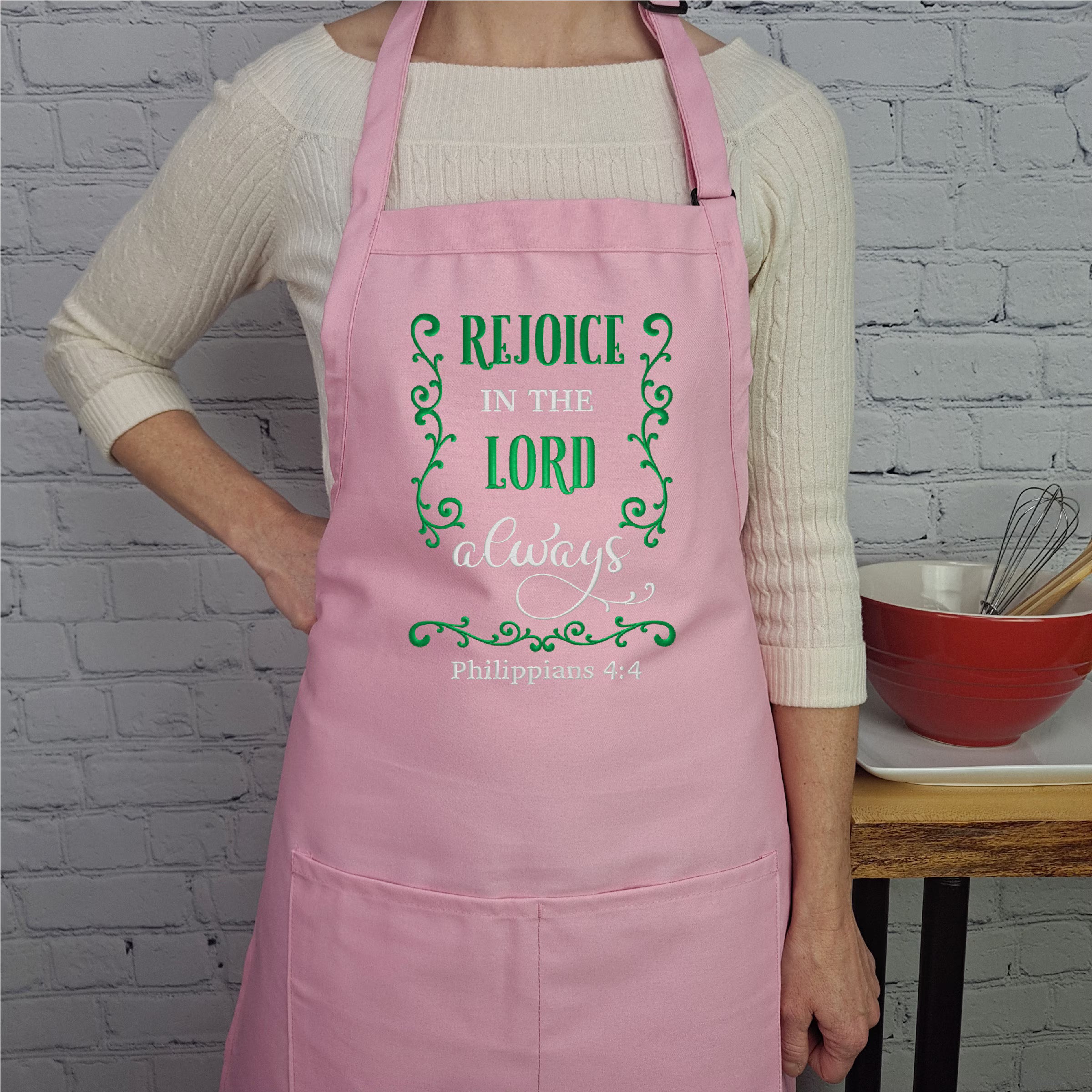 Bible verse apron Rejoice in The Lord Philipians 4:4 embroidered kitchen accessory cute gift for her with pockets