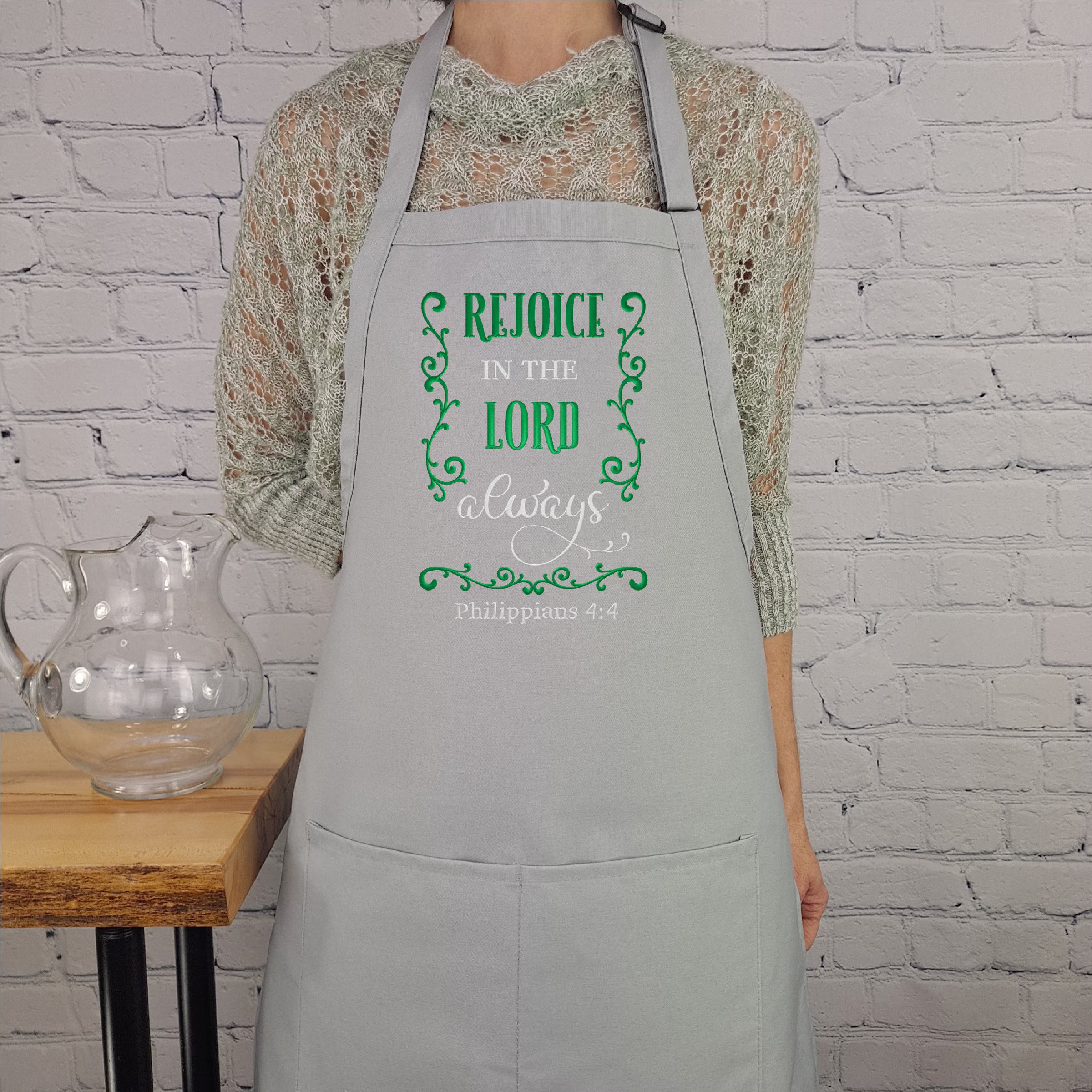 Bible verse apron Rejoice in The Lord Philipians 4:4 embroidered kitchen accessory cute gift for her with pockets
