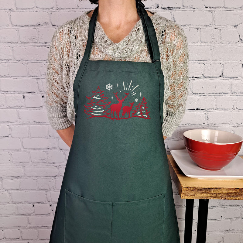 Deer apron winter wildlife scene with pockets adjustable neck embroidered cabin kitchen accessory classic rustic decor