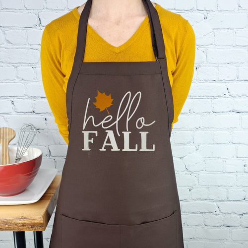 Fall Apron hello fall embroidered kitchen accessory with pockets and adjustable neck great hostess gift autumn leaves