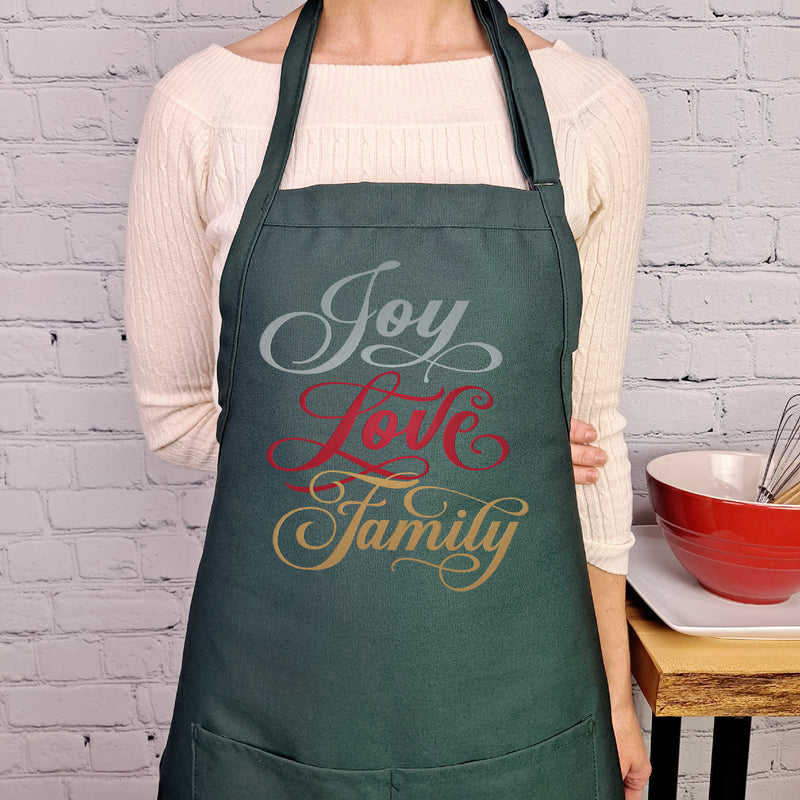 Christmas apron Joy love family embroidered hostess gift for her with pockets and adjustable neck