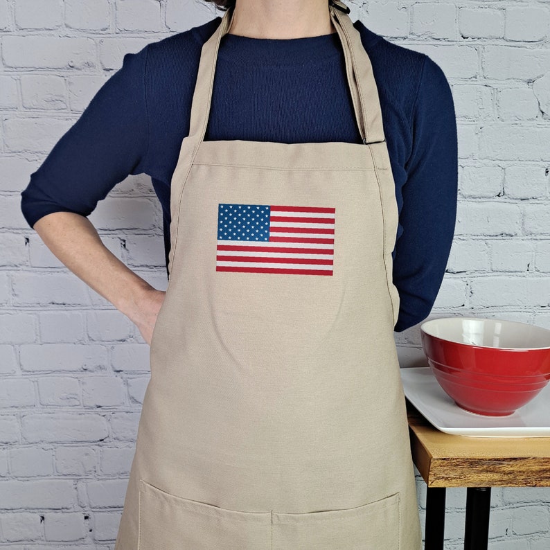 American flag apron embroidered kitchen accessory durable material with pockets and adjustable neck great for grilling and bbq season